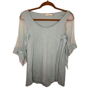 Soft Surroundings Tiffany Blue Sheer Lace Open Sleeve Blouse